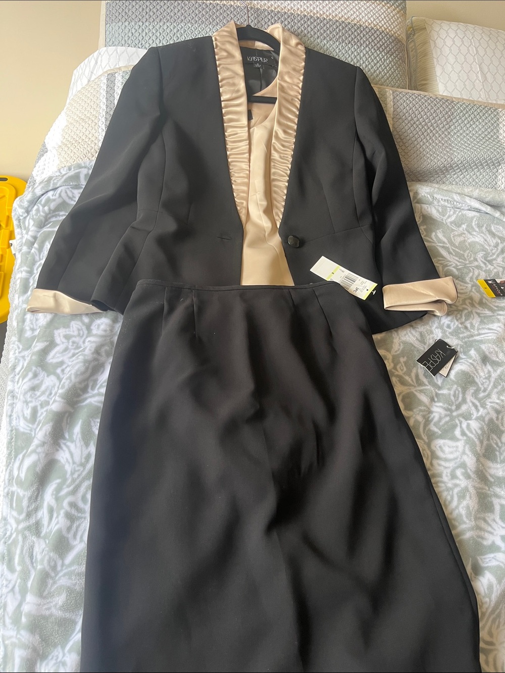 Kasper Black Midi Skirt and Black Blazer with Champagne Trim
